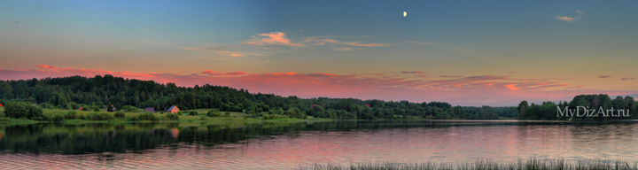 Река, Вепсский лес, закат, сумерки, панорама, широкоформатное изображение высокого разрешения