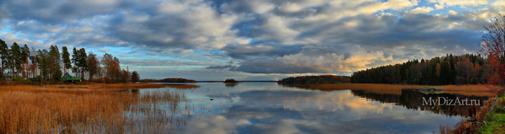 Озеро, закат, осень, панорама, широкоформатное изображение высокого разрешения