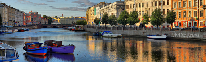 Фонтанка, лодки, рассвет,  Санкт-Петербург, панорамы, фотопанно, Saint-Petersburg, St. Petersburg