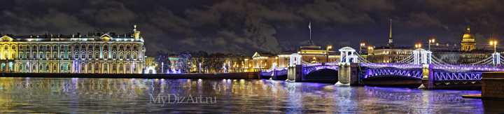 Дворцовый мост, Зимний дворец, Эрмитаж, ночь, фотопанорама, высокое разрешение, Saint-Petersburg, St. Petersburg