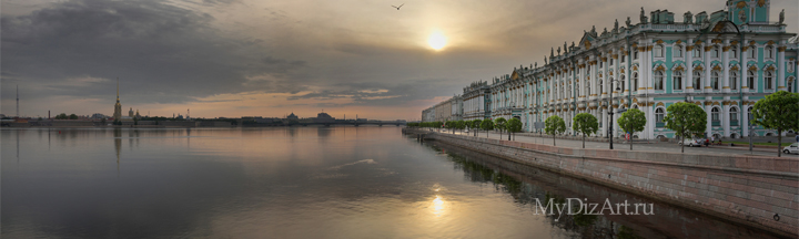 Панорамное фото, Saint-Petersburg, St. Petersburg - Эрмитаж - Hermitage - Зимний дворец, Дворцовая набережная, рассвет