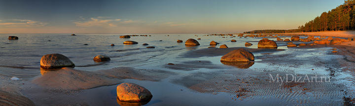 Финский залив, камни, закат, панорама, широкоформатное изображение высокого разрешения