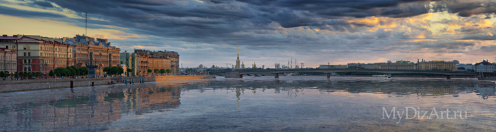 Панорамное фото, широкоформатное изображение города, фотопанно, Санкт-Петербург, Saint-Petersburg, St. Petersburg, Петропавловская крепость, Нева, закат