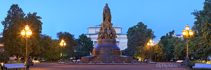 Екатерининский сквер, Памятник Екатерине 2, фотопанорама, широкоформатное изображение, Saint-Petersburg, St. Petersburg, панорама