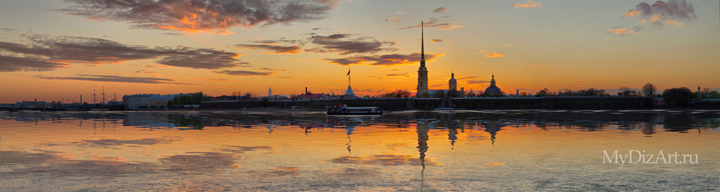 Панорамное фото, широкоформатное изображение города - фотопанно - Санкт-Петербург - Петропавловская крепость, Saint-Petersburg, St. Petersburg, закат