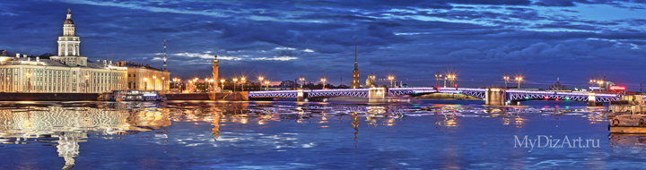 Панорамное фото, Saint-Petersburg, St. Petersburg - фотопанно - Ростральные колонны - Дворцовый мост - Кунсткамера
