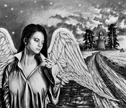 Ангел дороги, девушка, дорога, церковь, рисунок карандашом, Парсаданов