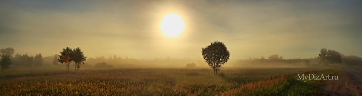 Рассвет, туман, лето, красота, панорама, широкоформатное изображение высокого разрешения