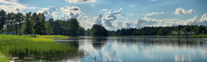 Река, озеро, красота, лето, облака, панорама, широкоформатное изображение высокого разрешения