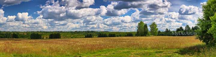 Русское поле, пейзаж, панорама, широкоформатное изображение высокого разрешения