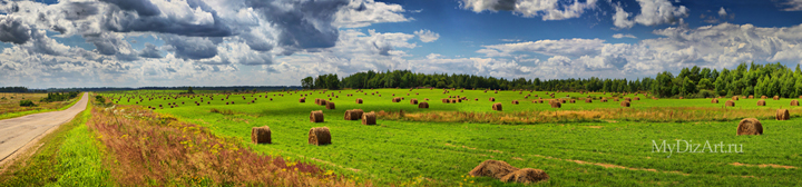 Русский, пейзаж, стога, поле, панорама, широкоформатное изображение высокого разрешения