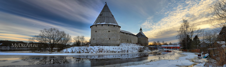 Крепость, Старая Ладога, зима, панорама, широкоформатное изображение высокого разрешения