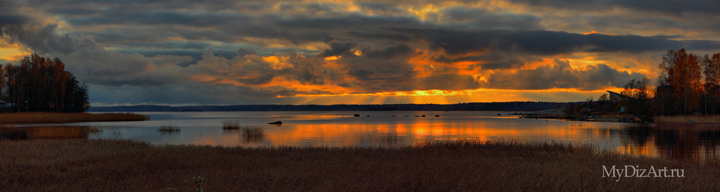 Озеро, закат, осень, панорама, широкоформатное изображение высокого разрешения