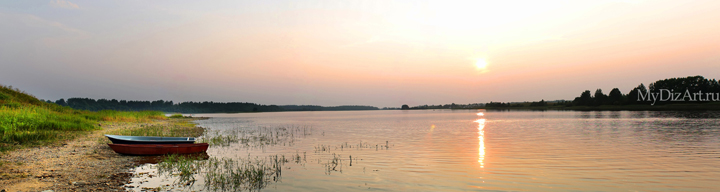 Озеро, закат, солнце, лодки, панорама, широкоформатное изображение высокого разрешения