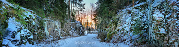 Дорога, скалы, зима, панорама, широкоформатное изображение высокого разрешения