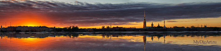 Панорамное фото, Saint-Petersburg, St. Petersburg - Петропавловка, крепость, река Нева, закат, широкий формат