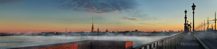 Панорамное фото, Saint-Petersburg, St. Petersburg - Петропавловка, крепость, Троицкий мост, туман, рассвет