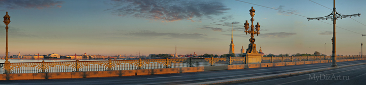 Панорамное фото, Saint-Petersburg, St. Petersburg - Петропавловка, крепость, Троицкий мост, туман, рассвет
