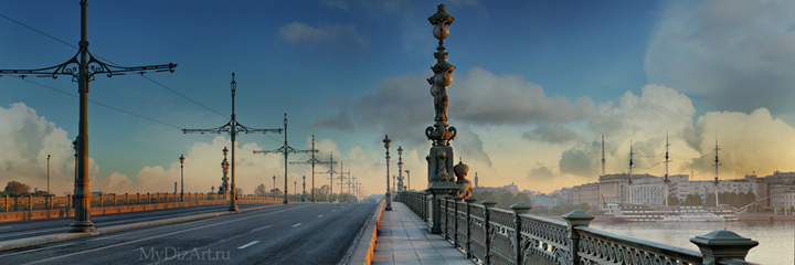 Панорамное фото, Saint-Petersburg, St. Petersburg - Санкт-Петербург - Троицкий мост, туман, рассвет