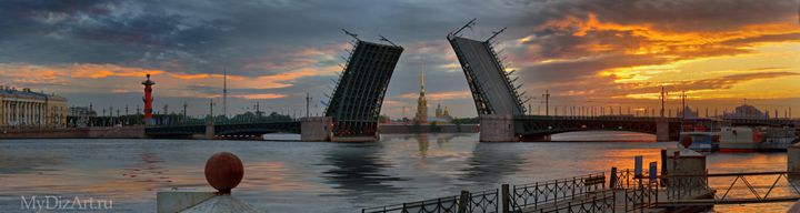 Панорамное фото, Saint-Petersburg, St. Petersburg - Петропавловская крепость, Дворцовый мост, рассвет