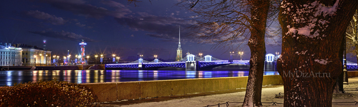 Санкт-Петербург, панорама, фотопанно,  Иллюминация, Дворцовый мост, Петропавловская крепость, ночь, Saint-Petersburg, St. Petersburg