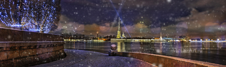 Санкт-Петербург, панорама, фотопанно,  Петропавловка, ночь, Стрелка Васильевского острова, снег, Saint-Petersburg, St. Petersburg