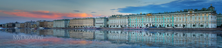 Панорамное фото, Saint-Petersburg, St. Petersburg - Эрмитаж - Hermitage - Зимний дворец, Дворцовая набережная, закат, фотопанно