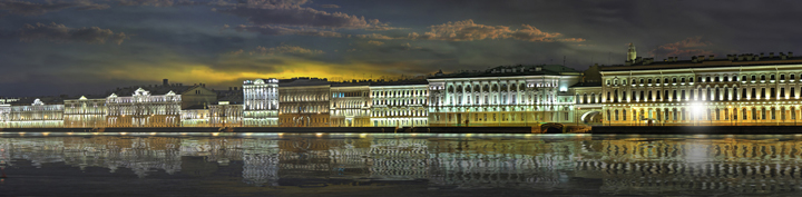 Дворцовая площадь, Александровская колонна, Эрмитаж, ночь, фотопанорама, широкоформатное изображение, Saint-Petersburg, St. Petersburg