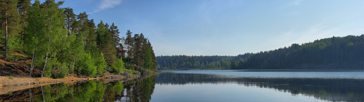 Озеро, утро, рассвет, летний пейзаж, панорама, широкоформатное изображение высокого разрешения