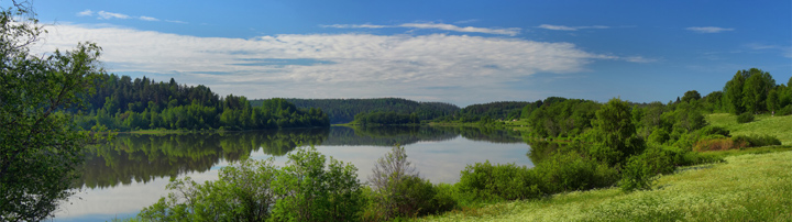 Река, русский пейзаж, панорама, широкоформатное изображение высокого разрешения