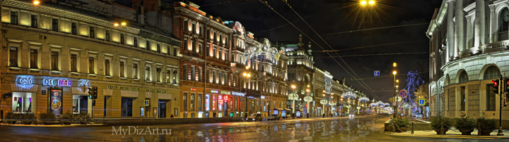 Невский проспект, иллюминация, праздничный, Санкт-Петербург, панорама, фотопанно, Saint-Petersburg, St. Petersburg