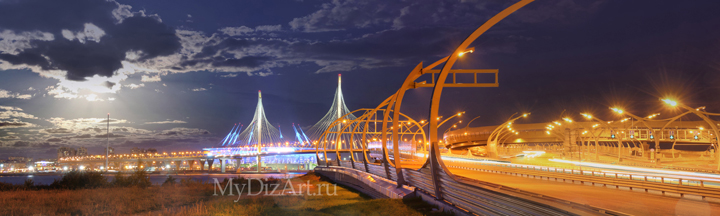Вантовый мост, ЗСД, Западный скоростной диаметр, панорама, иллюминация, фотопанно, Saint-Petersburg, St. Petersburg