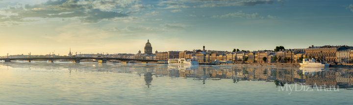 Панорама, Нева, Дворцовым мостом, Исаакиевским собор, рассвет, Saint-Petersburg, St. Petersburg, Английская набережная