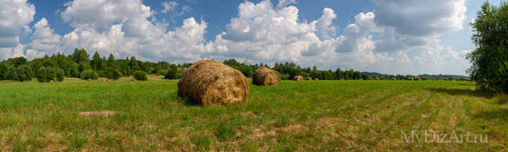 Стога, сено, поля, облака, красиво, панорама, широкоформатное изображение высокого разрешения
