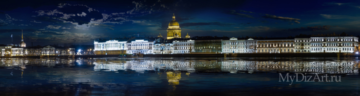 Санкт-Петербург, панорама, фотопанно, Английская набережная, красиво, Исаакиевский собор, иллюминация, ночной, Saint-Petersburg, St. Petersburg