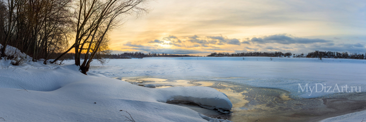 Зимний, озеро, лед, закат, панорама, широкоформатное изображение высокого разрешения