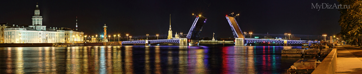 Дворцовый мост,         Петропавловская крепость, ночь, фотопанорама, высокое разрещение, Saint-Petersburg, St. Petersburg