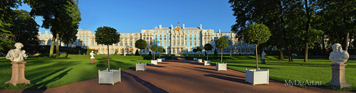 Екатерининский дворец, Пушкин, панорамное фото, широкоформатное изображение высокого разрешения