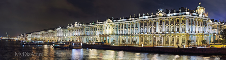 Дворцовый мост, Зимний дворец, Эрмитаж, ночь, фотопанорама, широкоформатное изображение, Saint-Petersburg, St. Petersburg