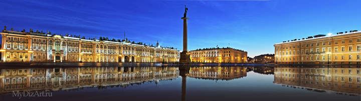 Дворцовая площадь, Зимний дворец, Эрмитаж, ночь, фотопанорама, широкоформатное изображение, Saint-Petersburg, St. Petersburg