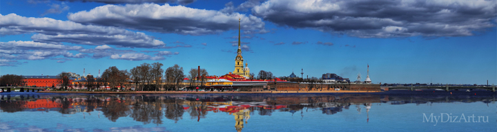 Панорама - фотопанно - Санкт-Петербург - Saint-Petersburg, St. Petersburg - Петропавловская крепость, Нева, отражение, весна