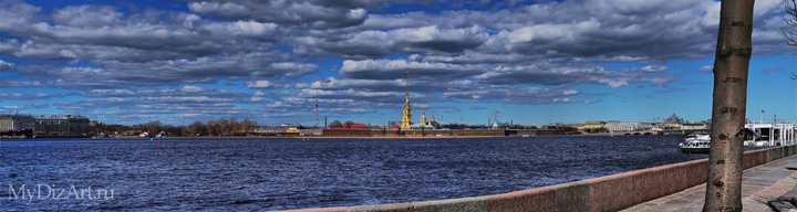 Панорамное фото, Saint-Petersburg, St. Petersburg - Петропавловкая крепость, собор, Дворцовая набережная, фотопанно