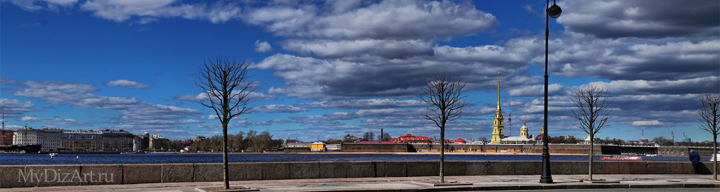 Панорамное фото, Saint-Petersburg, St. Petersburg - Петропавловка, крепость, Дворцовая набережная, весна, фотопанно