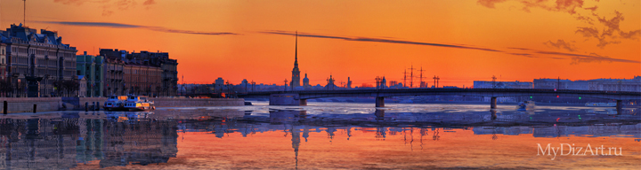 Панорамное фото, широкоформатное изображение города - фотопанно - Санкт-Петербург - Saint-Petersburg, St. Petersburg - Петропавловская крепость, Нева, закат