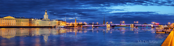 Панорамное фото, широкоформатное изображение города - фотопанно - Санкт-Петербург - Saint-Petersburg, St. Petersburg - Дворцовый мост - Кунсткамера