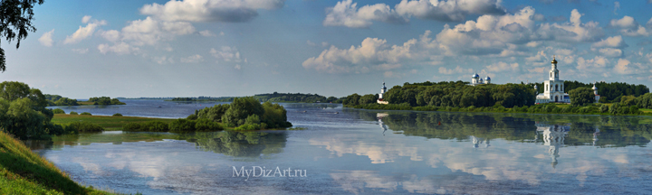Юрьев монастырь, Россия, Новгород, панорама, широкоформатное изображение высокого разрешения