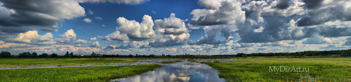 Река, даль, облака, панорама, широкоформатное изображение высокого разрешения
