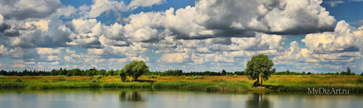 Озеро, облака, лето, панорама, широкоформатное изображение высокого разрешения