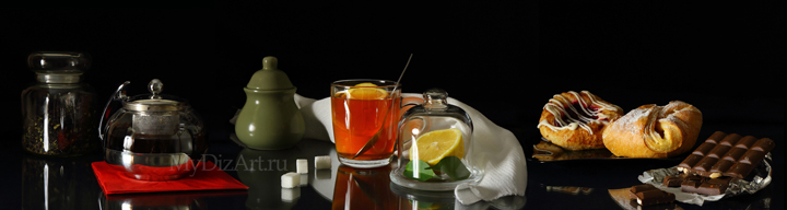 Чай, лимон, булочка, шоколад, панорама натюрморта, фотопанорама, фотопанно, натюрморт