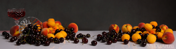 Персики, виноград, абрикосы, бокал, фрукты, панорама натюрморта, фотопанорама, фотопанно, натюрморт